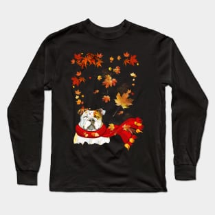 Maple Leaf Bulldog Fall Hello Autumn Gift Long Sleeve T-Shirt